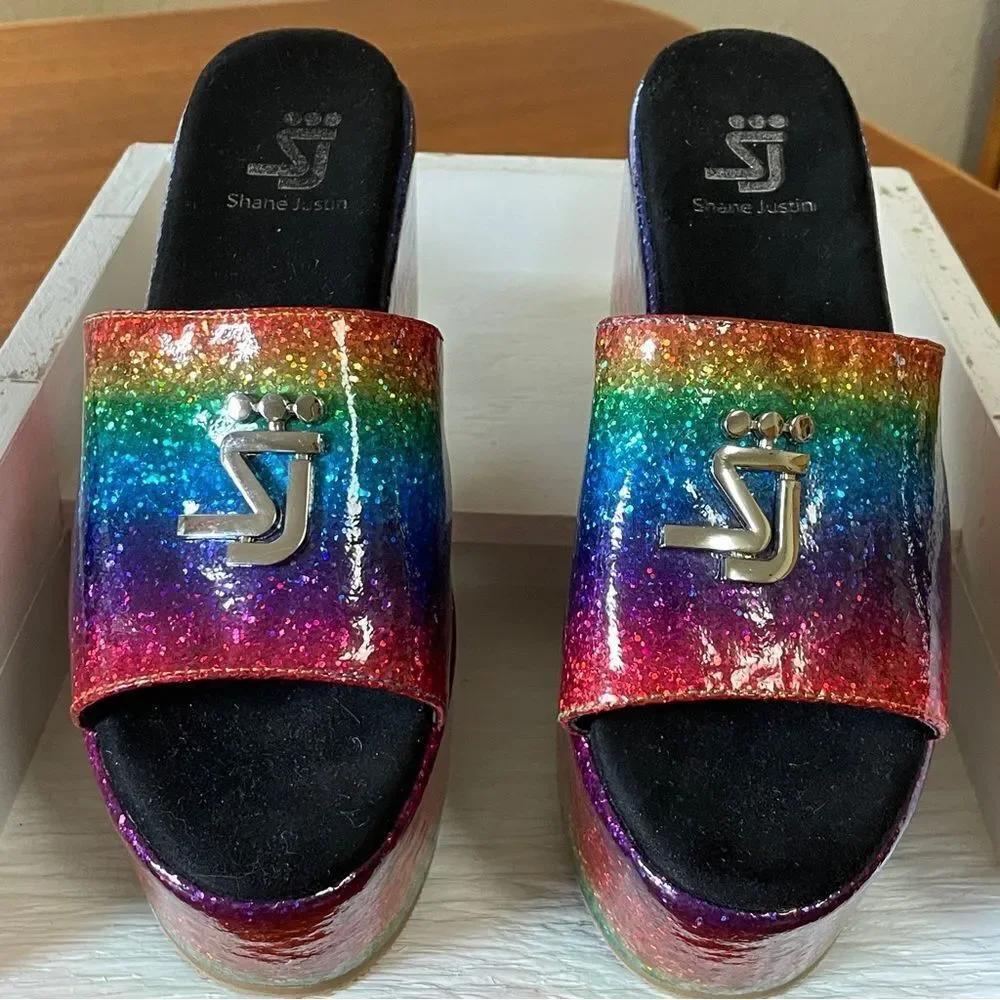 Shane Justin Rainbow Glitter Platform Sandals Shoes Euro Size 35 / US Size 5